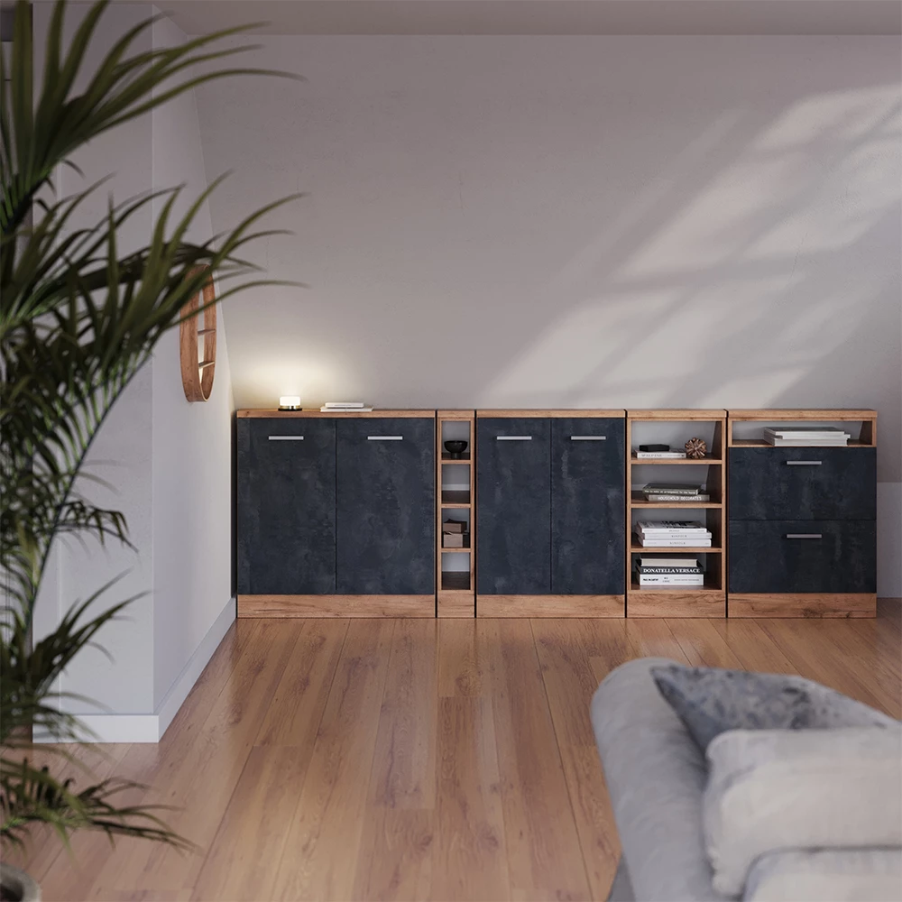 Dachschrägenschrank-Set in Schwarz Beton/Goldkraft Eiche auf weißem Hintergrund mit dekorativen Elementen