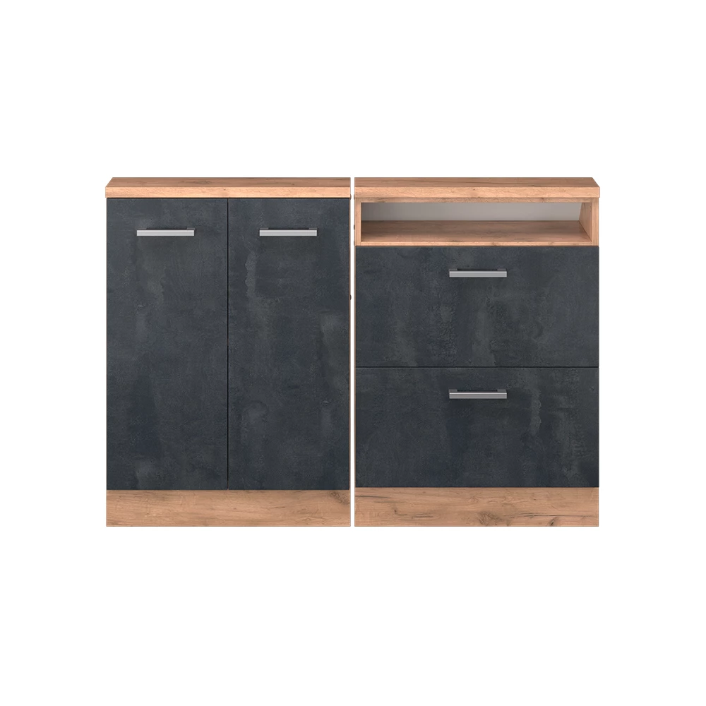 Nahaufnahme von Dachschrägenschrank-Set in Schwarz Beton/Goldkraft Eiche, zeigt Textur/Details