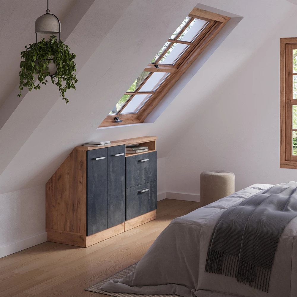 Nahaufnahme von Dachschrägenschrank-Set in Schwarz Beton/Goldkraft Eiche, zeigt Design- und Oberflächendetails