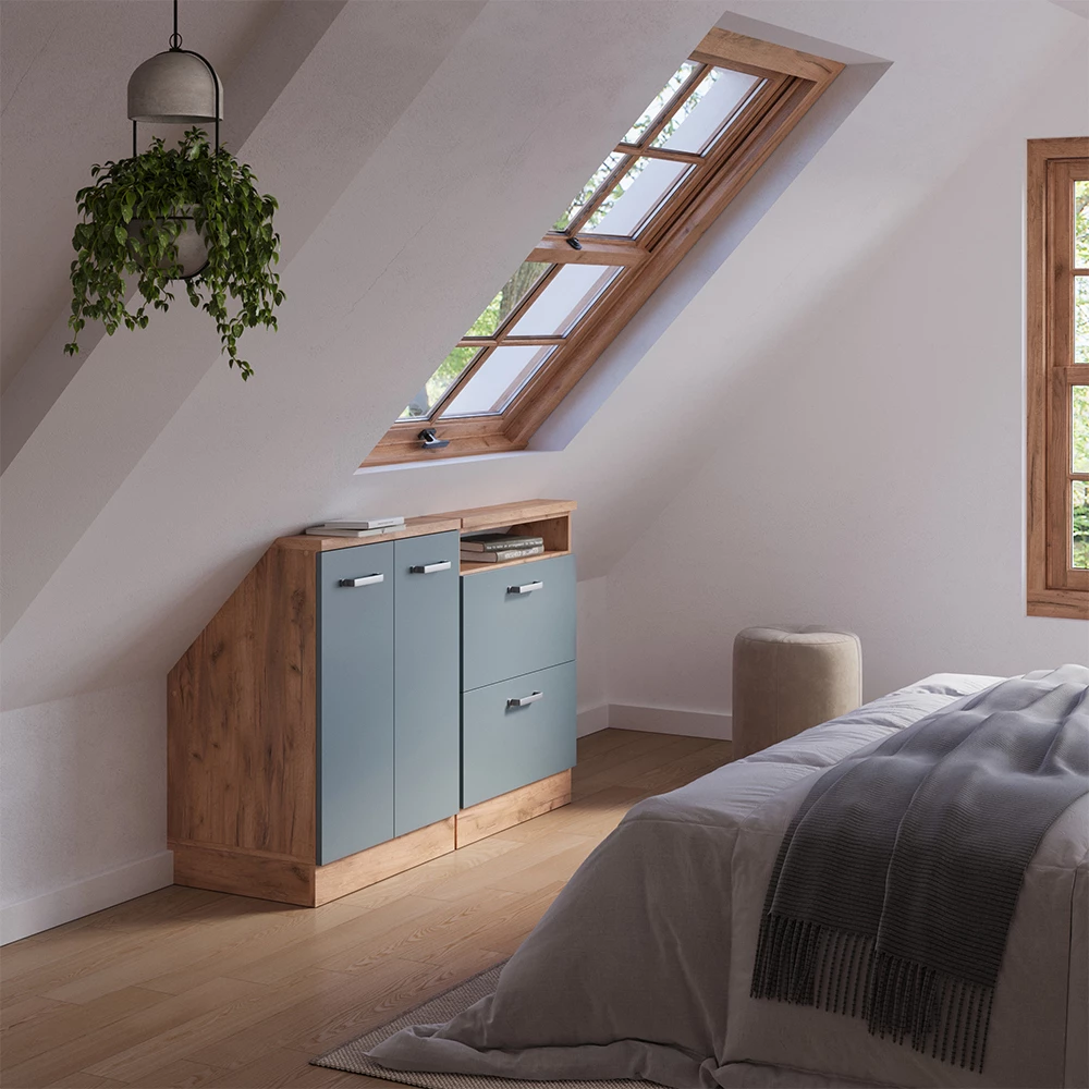 Nahaufnahme von Dachschrägenschrank-Set in Blau-Grau/Goldkraft Eiche, zeigt Design- und Oberflächendetails