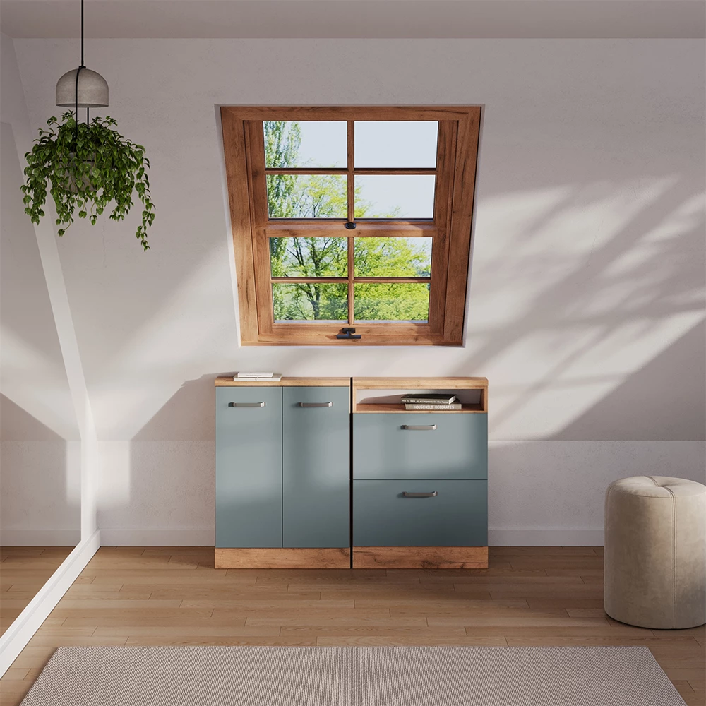 Dachschrägenschrank-Set in Blau-Grau/Goldkraft Eiche, dargestellt im Ambiente und auf weißem Hintergrund