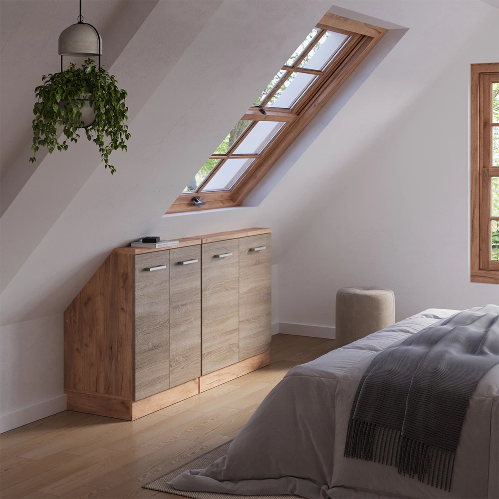 Nahaufnahme von Dachschrägenschrank-Set in Sonoma/Goldkraft Eiche, zeigt Design- und Oberflächendetails