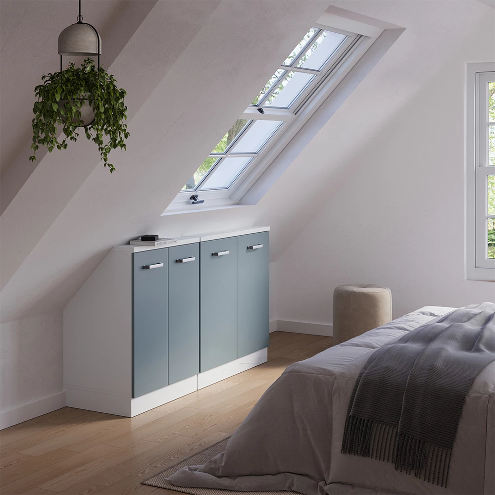 Nahaufnahme von Dachschrägenschrank-Set in Blau-Grau/Goldkraft Eiche, zeigt Design- und Oberflächendetails