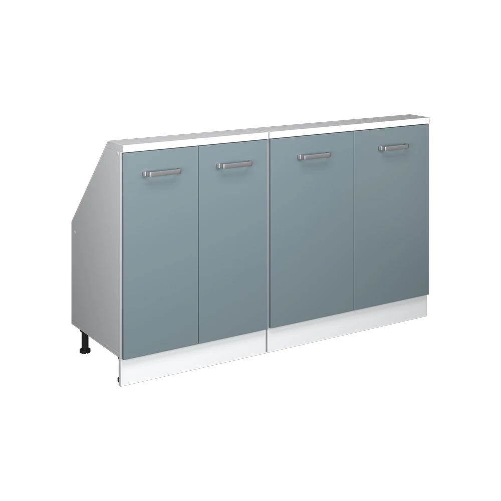 Dachschrägenschrank-Set in Blau-Grau/Goldkraft Eiche auf weißem Hintergrund