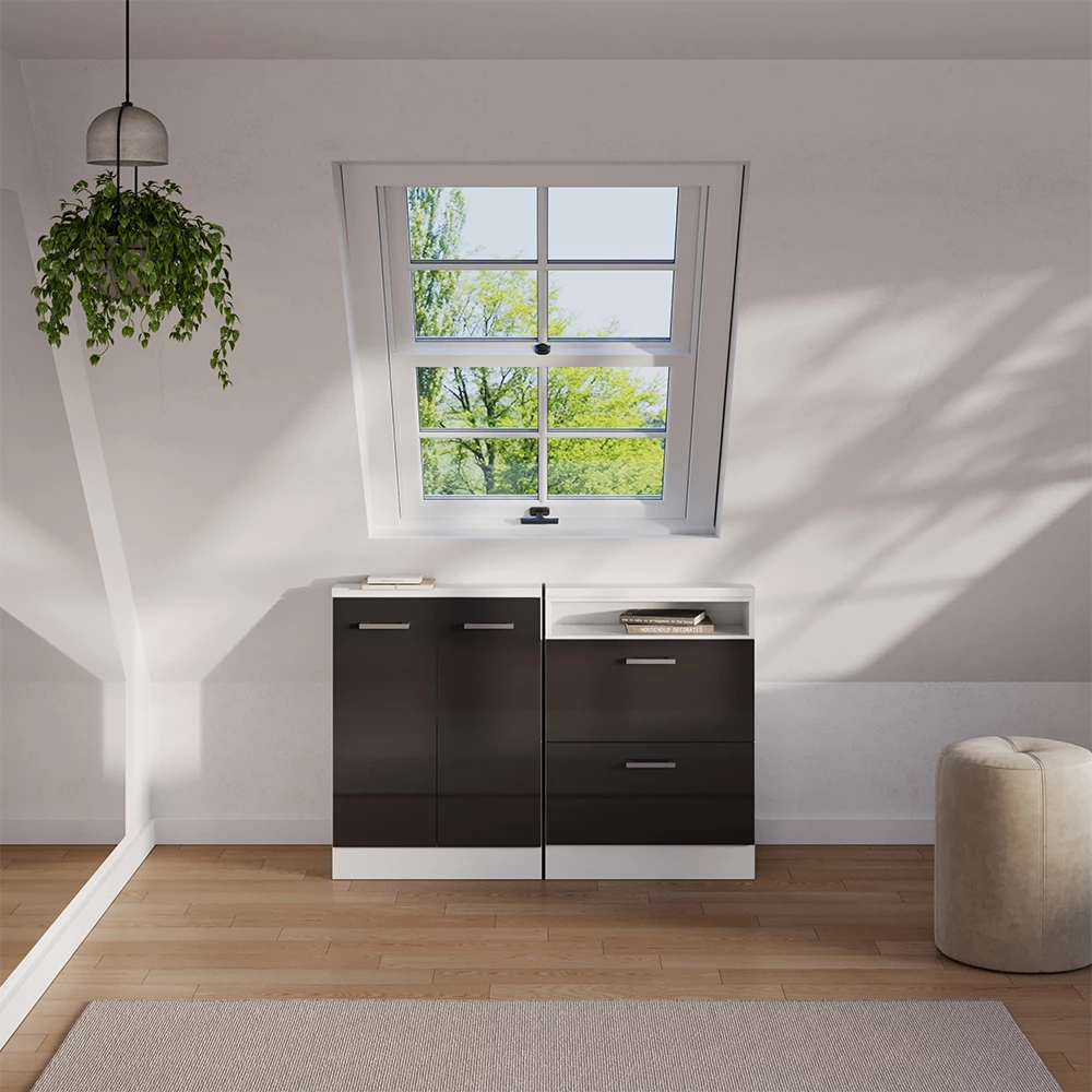 Dachschrägenschrank-Set in Anthrazit Hochglanz/Weiß, dargestellt im Ambiente und auf weißem Hintergrund