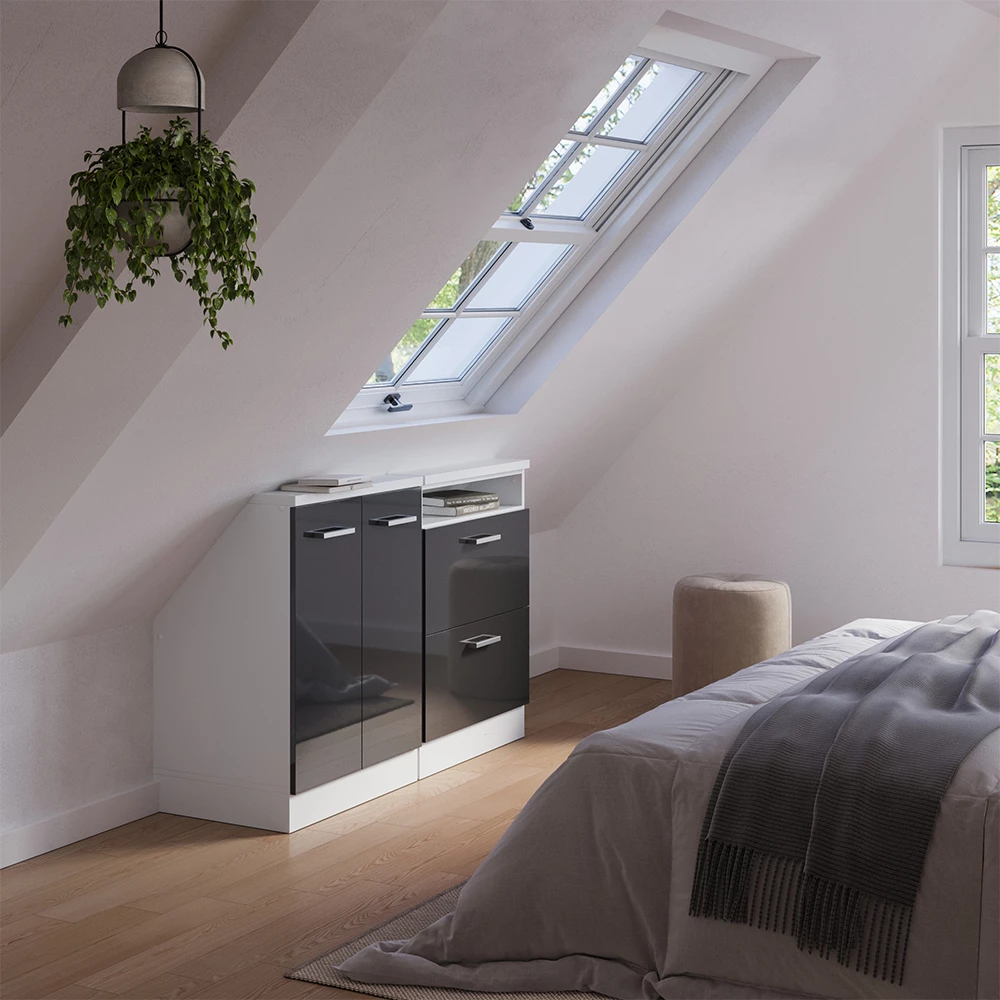 Nahaufnahme von Dachschrägenschrank-Set in Anthrazit Hochglanz/Weiß, zeigt Design- und Oberflächendetails