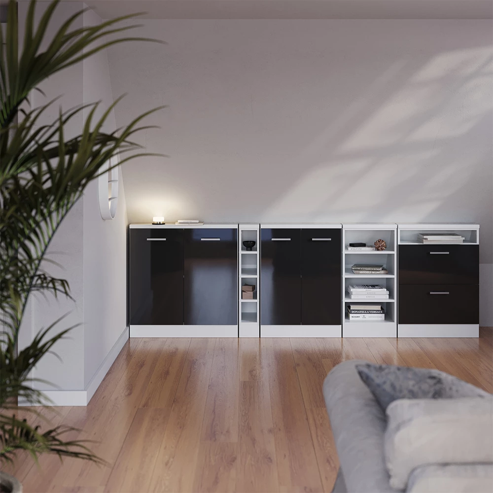 Dachschrägenschrank-Set in Anthrazit Hochglanz/Weiß auf weißem Hintergrund mit dekorativen Elementen