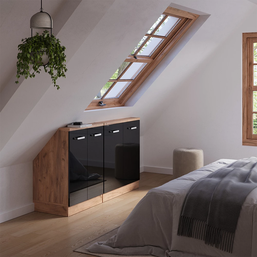 Nahaufnahme von Dachschrägenschrank-Set in Schwarz Hochglanz/Goldkraft Eiche, zeigt Design- und Oberflächendetails