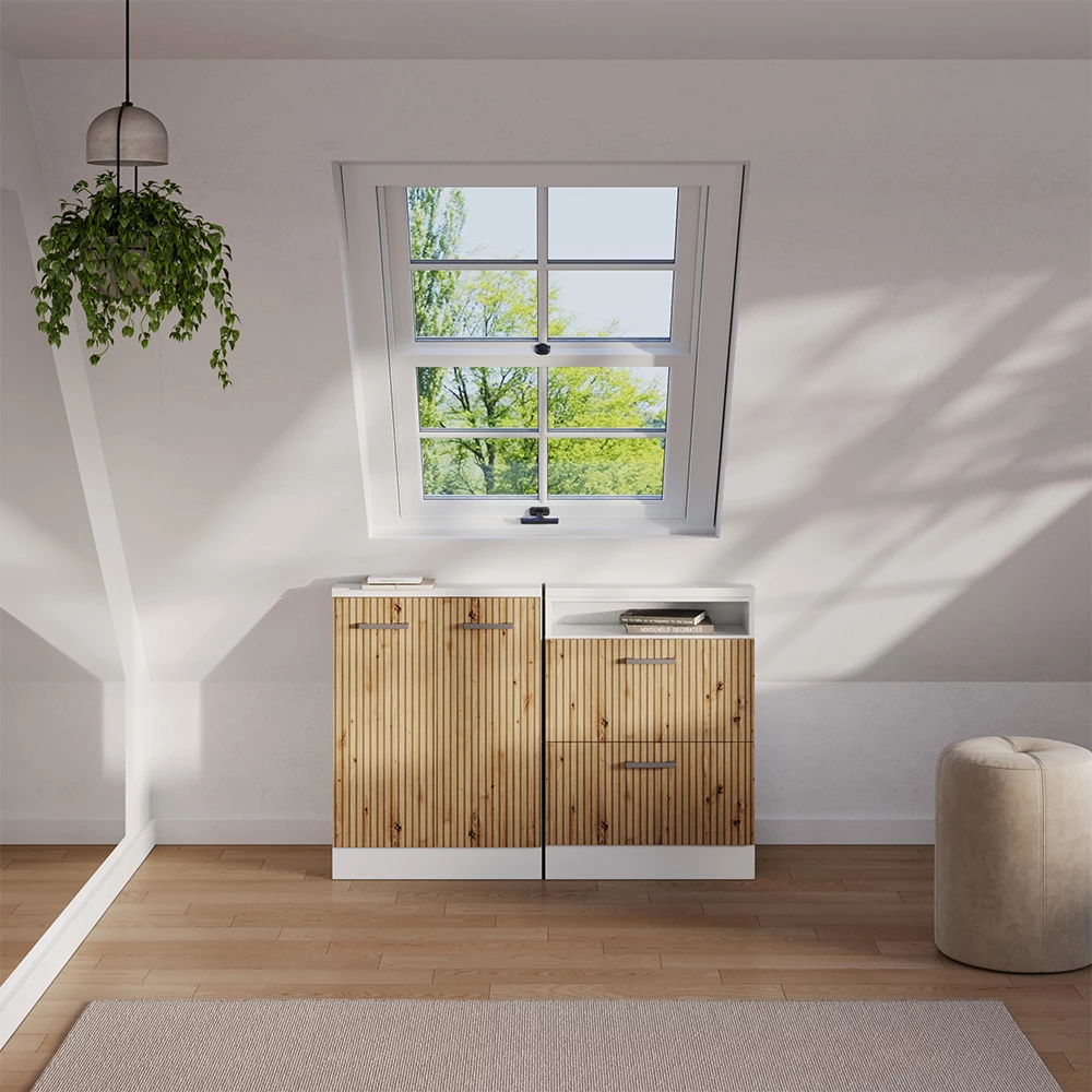 Dachschrägenschrank-Set in Artisan Eiche/Weiß auf weißem Hintergrund