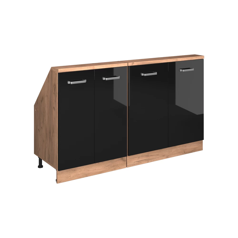 Dachschrägenschrank-Set in Schwarz Hochglanz/Goldkraft Eiche auf weißem Hintergrund