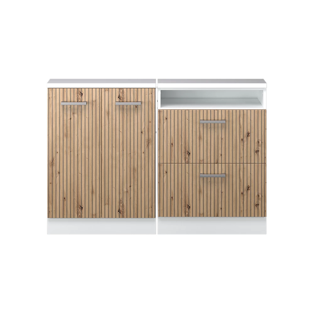 Nahaufnahme von Dachschrägenschrank-Set in Artisan Eiche/Weiß, zeigt Textur/Details