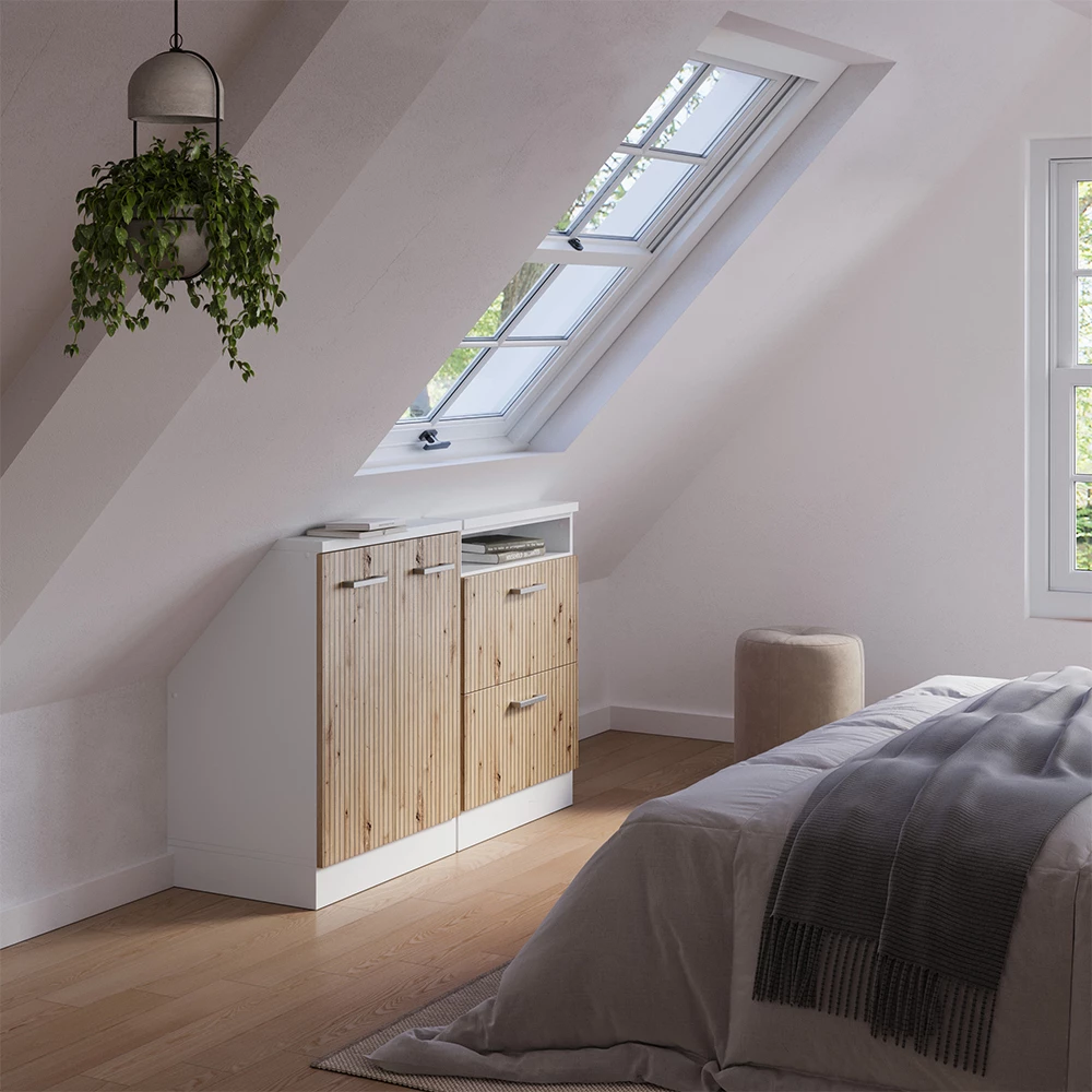 Nahaufnahme von Dachschrägenschrank-Set in Artisan Eiche/Weiß, zeigt Design- und Oberflächendetails