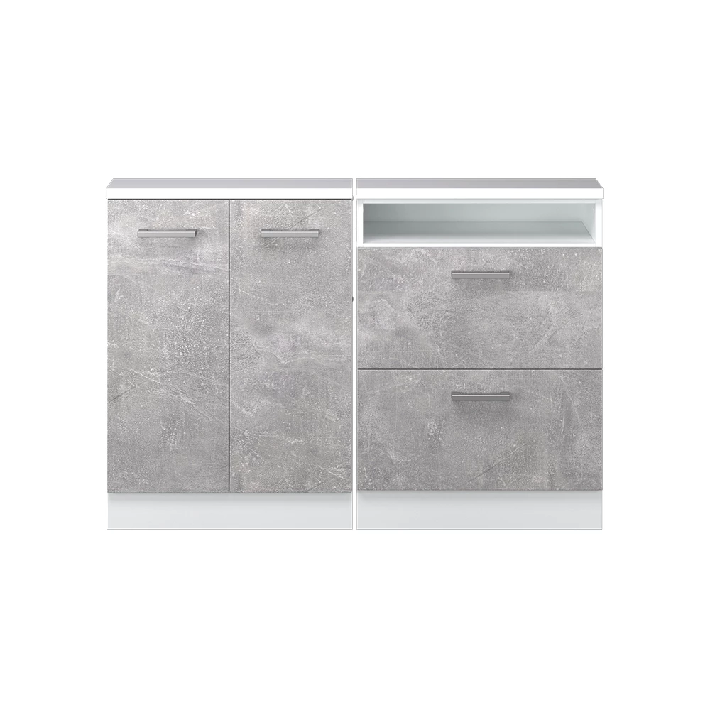 Nahaufnahme von Dachschrägenschrank-Set in Beton/Weiß, zeigt Textur/Details