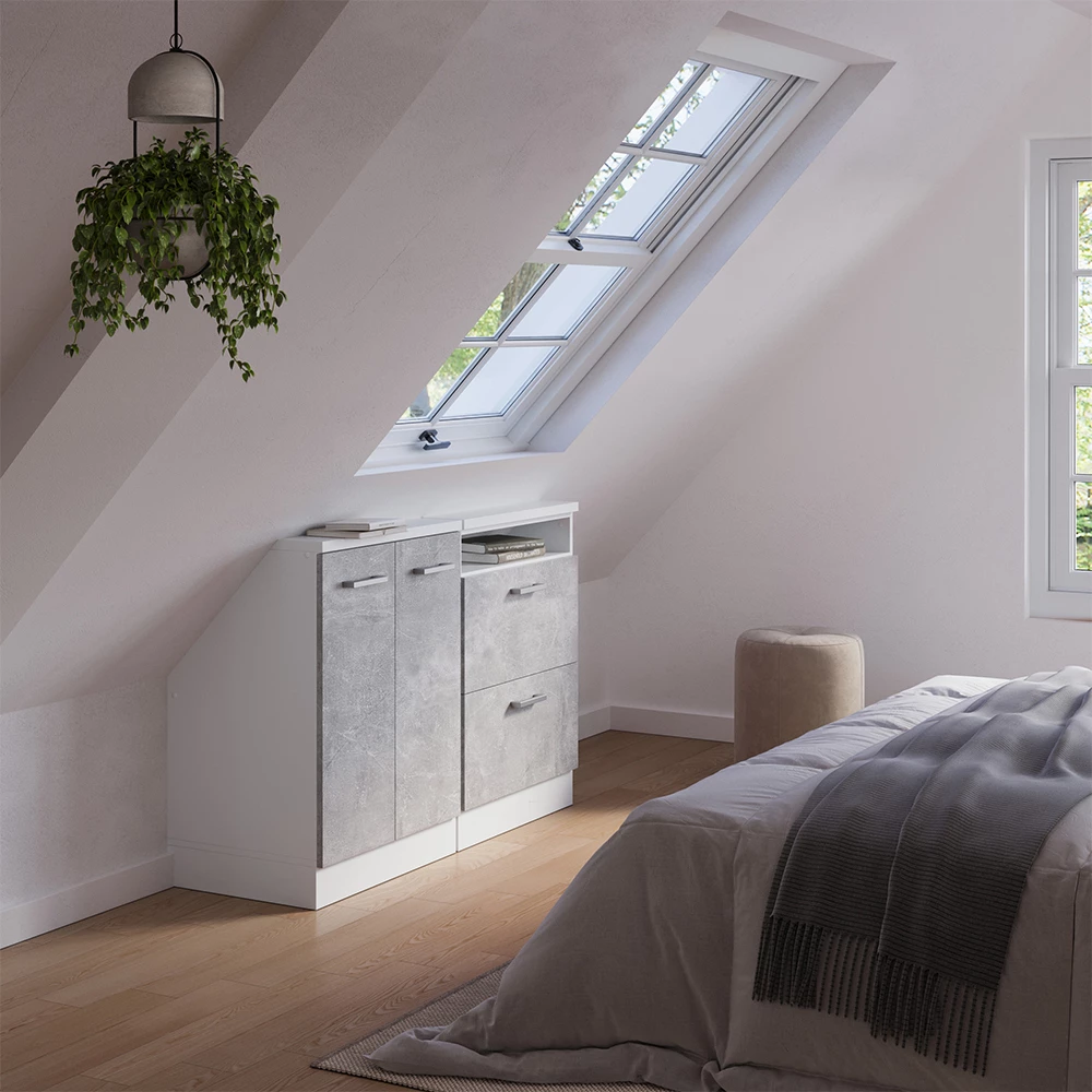 Nahaufnahme von Dachschrägenschrank-Set in Beton/Weiß, zeigt Design- und Oberflächendetails