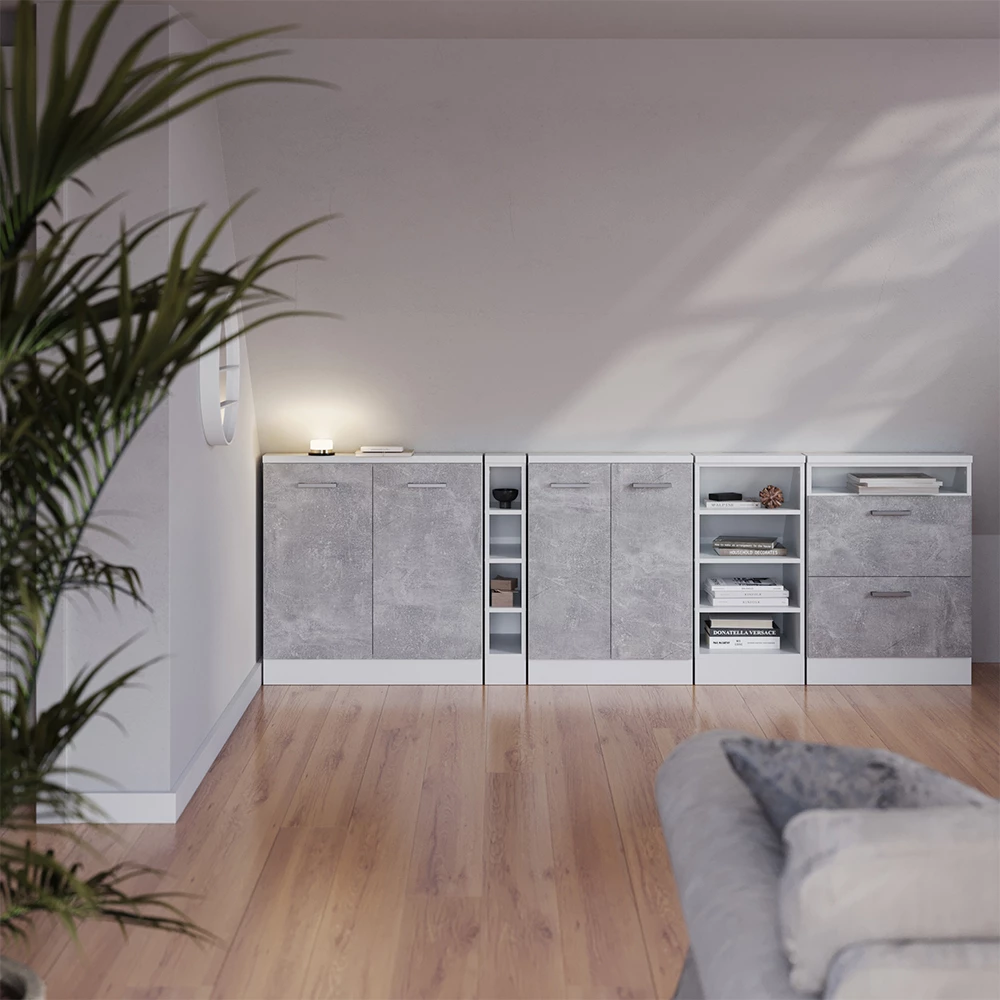 Dachschrägenschrank-Set in Beton/Weiß auf weißem Hintergrund mit dekorativen Elementen