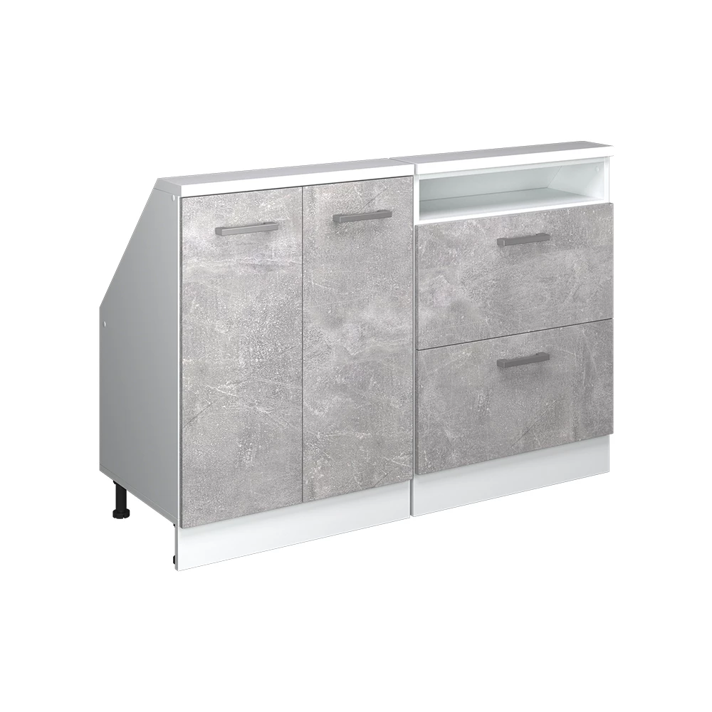 Dachschrägenschrank-Set in Beton/Weiß auf weißem Hintergrund