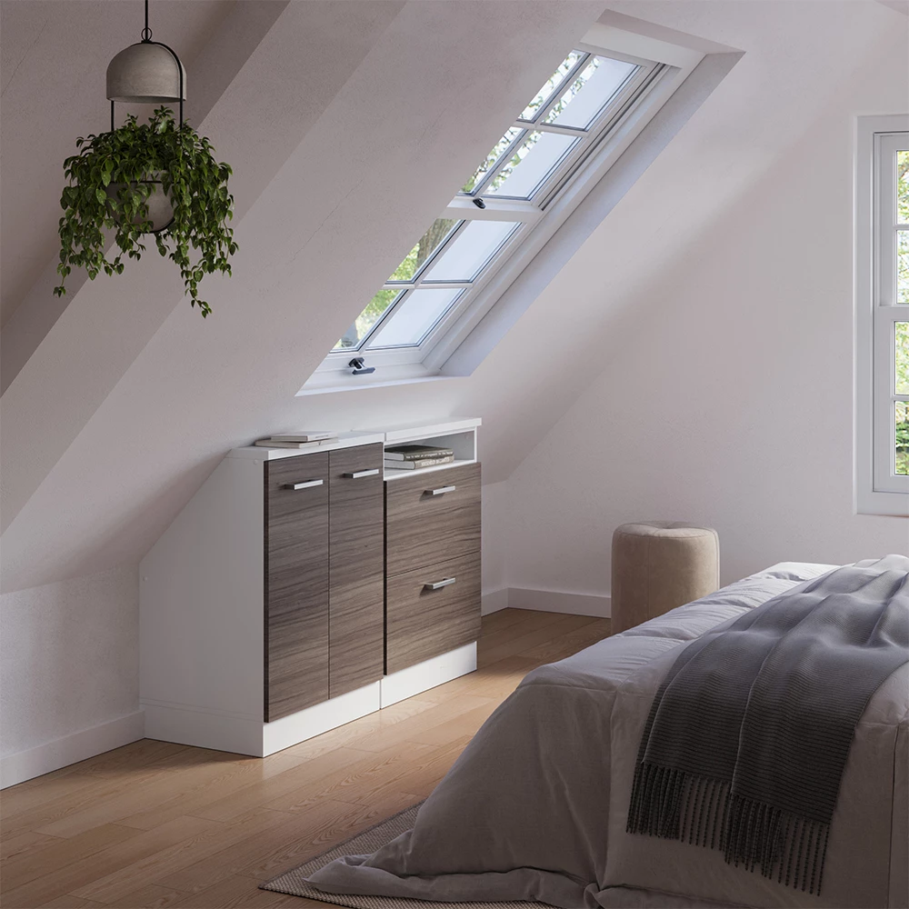 Nahaufnahme von Dachschrägenschrank-Set in Edelgrau/Weiß, zeigt Design- und Oberflächendetails