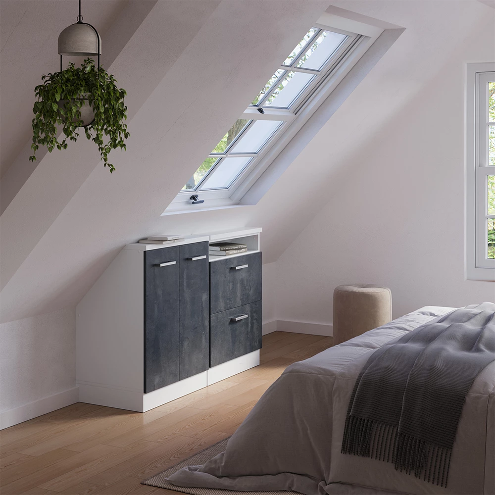 Nahaufnahme von Dachschrägenschrank-Set in Schwarz Beton/Weiß, zeigt Design- und Oberflächendetails