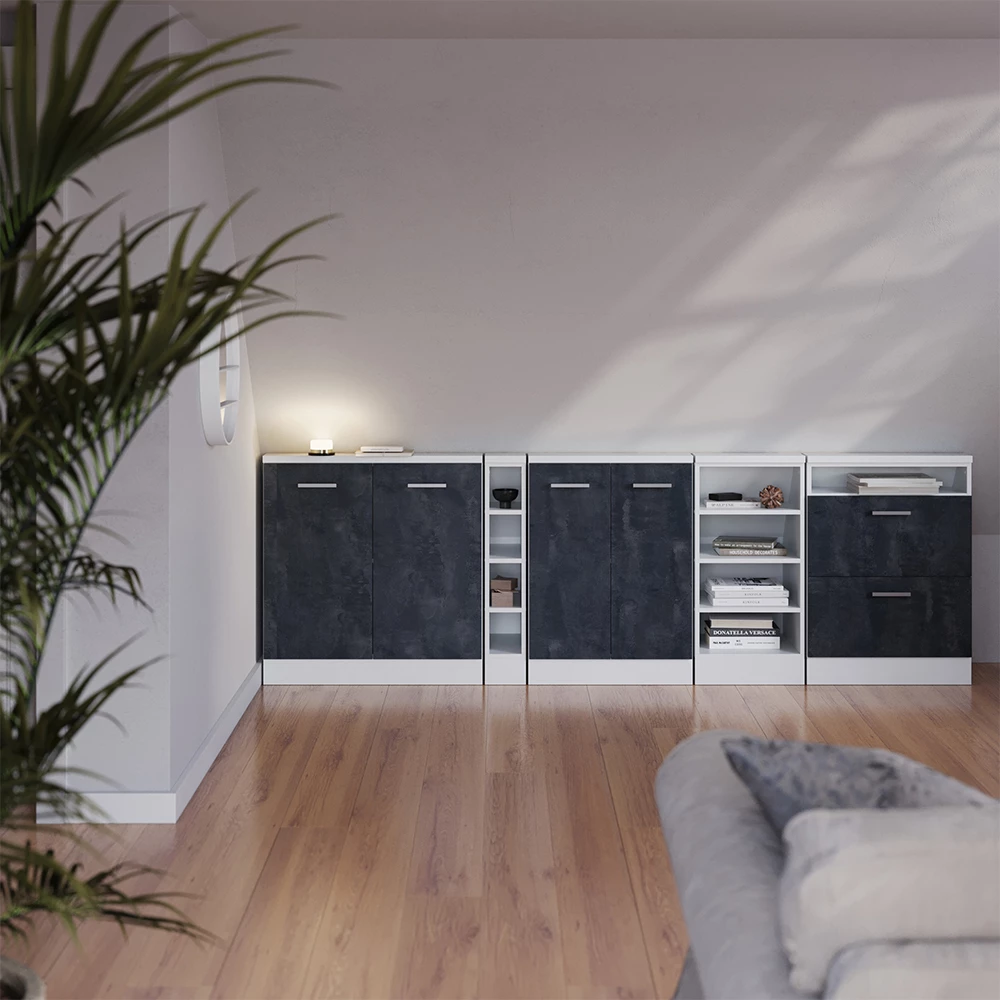 Dachschrägenschrank-Set in Schwarz Beton/Weiß auf weißem Hintergrund mit dekorativen Elementen