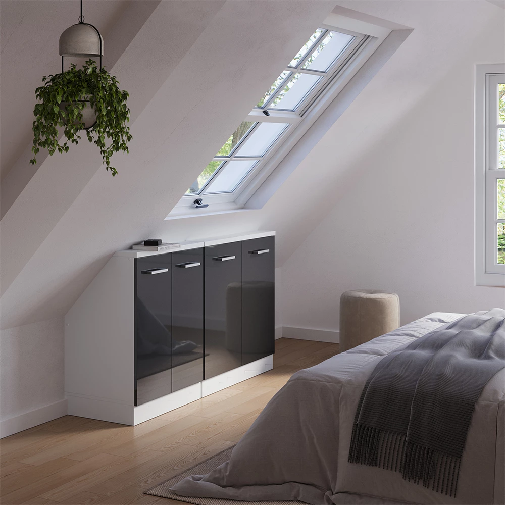 Nahaufnahme von Dachschrägenschrank-Set in Anthrazit Hochglanz/Weiß, zeigt Design- und Oberflächendetails