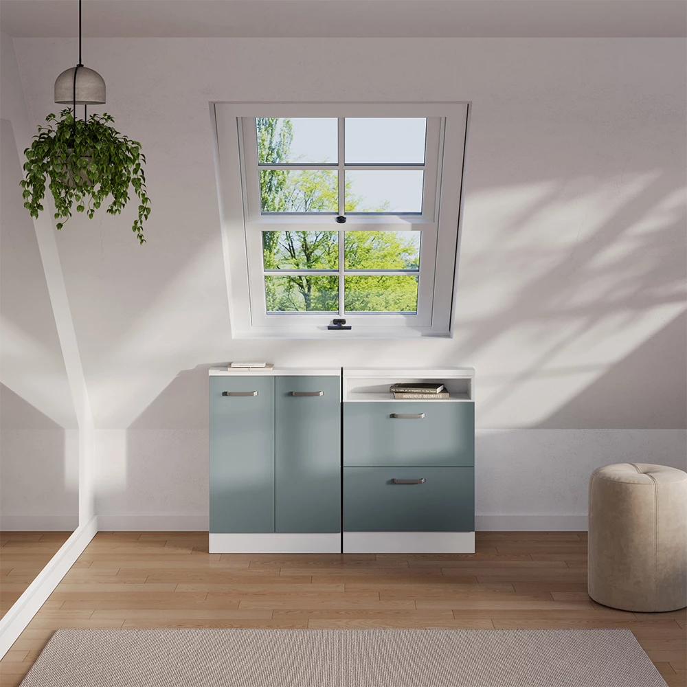 Skriňová súprava so šikmou strechou in Modrošedá/biela on white background