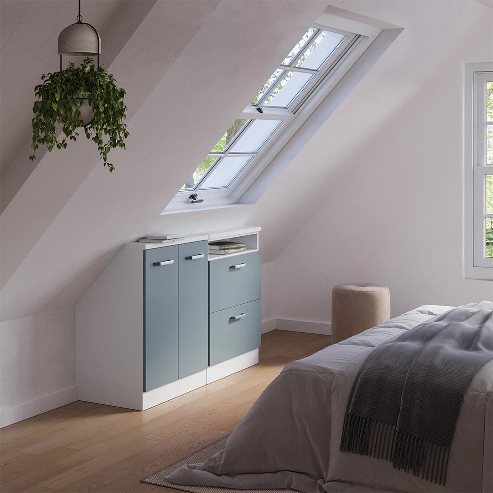 Nahaufnahme von Dachschrägenschrank-Set in Blau-Grau/Weiß, zeigt Design- und Oberflächendetails