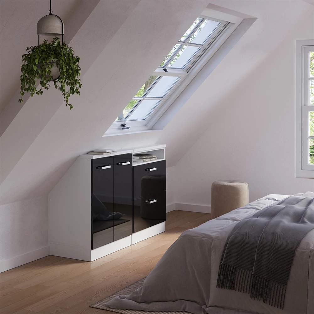 Nahaufnahme von Dachschrägenschrank-Set in Schwarz Hochglanz/Weiß, zeigt Design- und Oberflächendetails