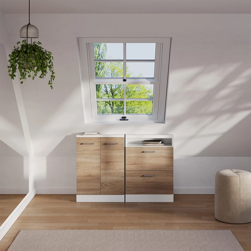 Dachschrägenschrank in Sonoma/Weiß auf weißem Hintergrund