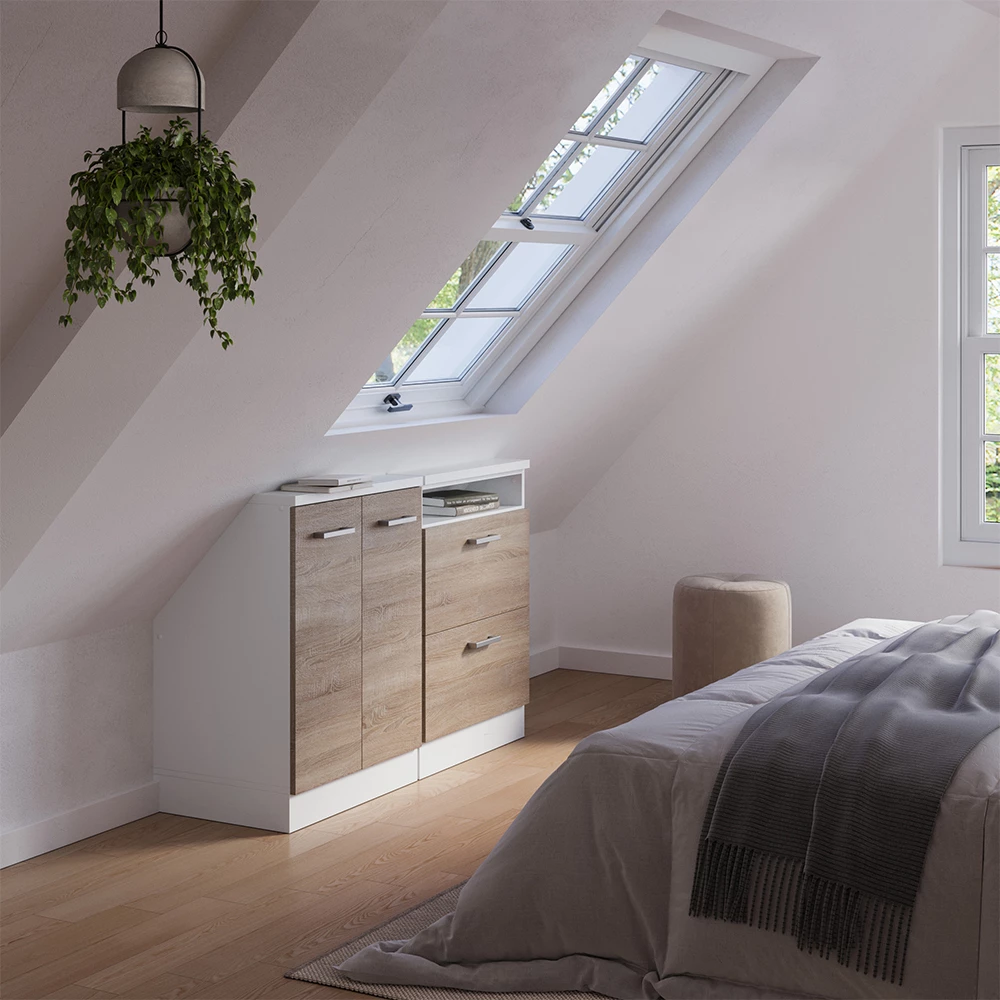 Nahaufnahme von Dachschrägenschrank-Set in Sonoma/Weiß, zeigt Design- und Oberflächendetails