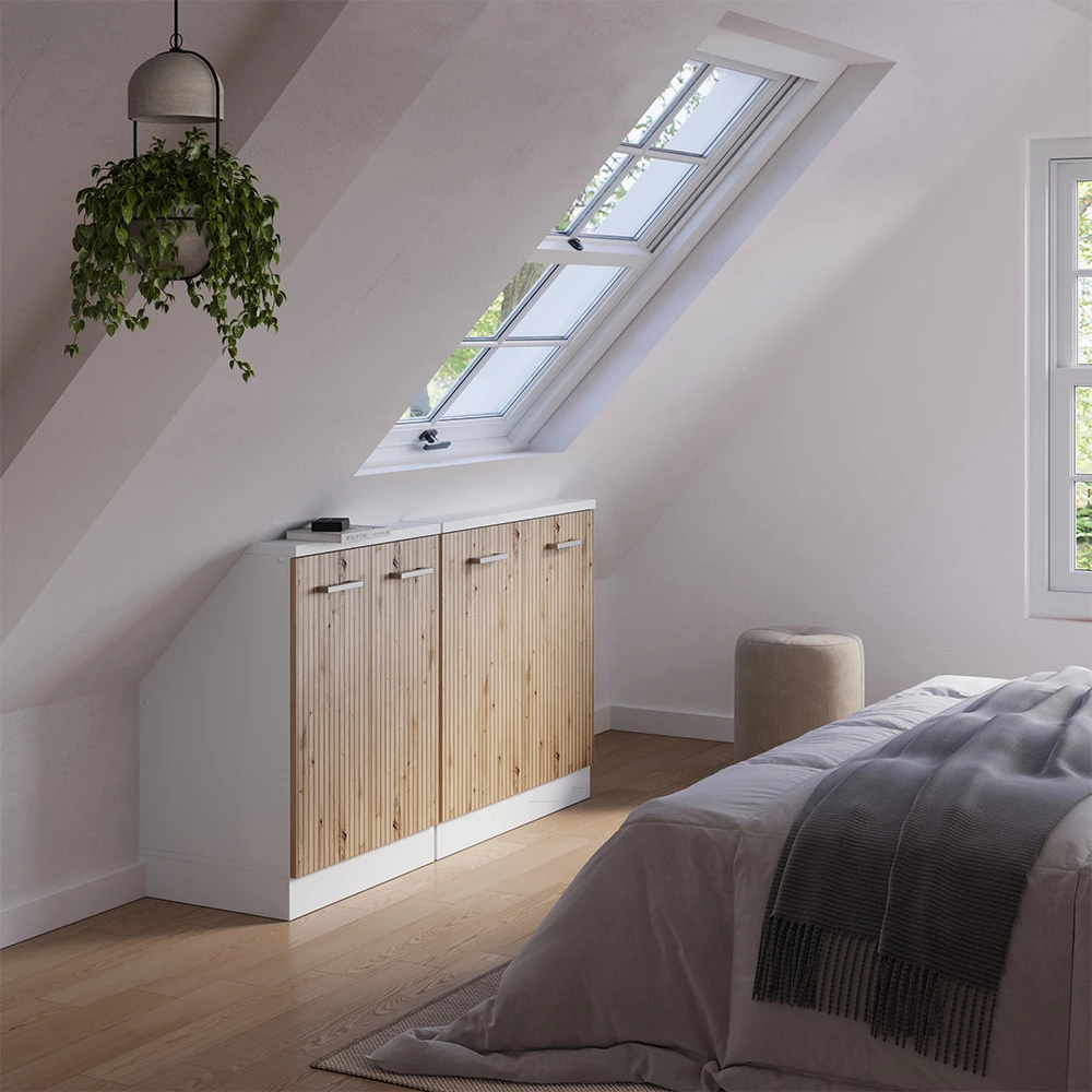 Nahaufnahme von Dachschrägenschrank-Set in Artisan Eiche/Weiß, zeigt Design- und Oberflächendetails