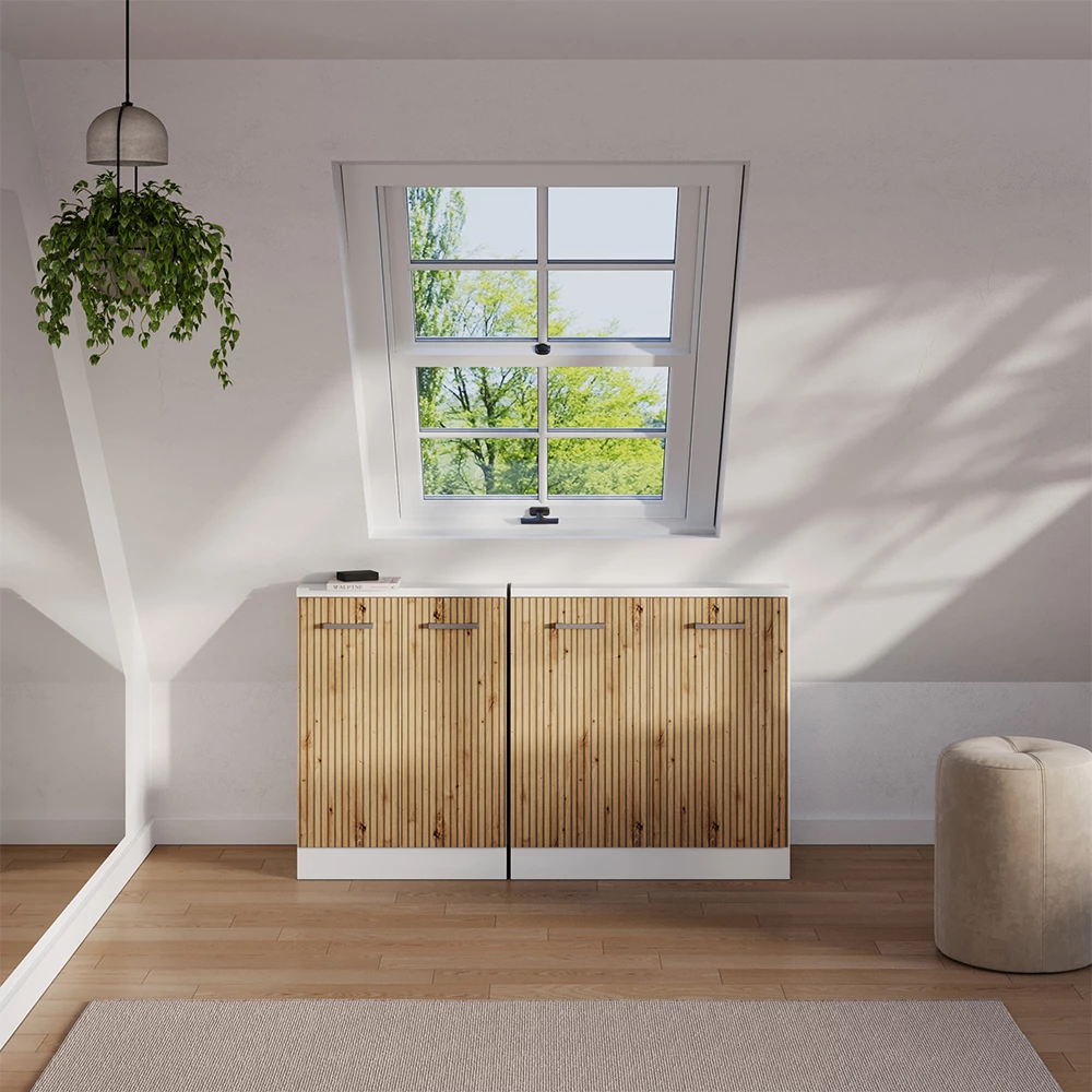 Dachschrägenschrank-Set in Artisan Eiche/Weiß, dargestellt im Ambiente und auf weißem Hintergrund