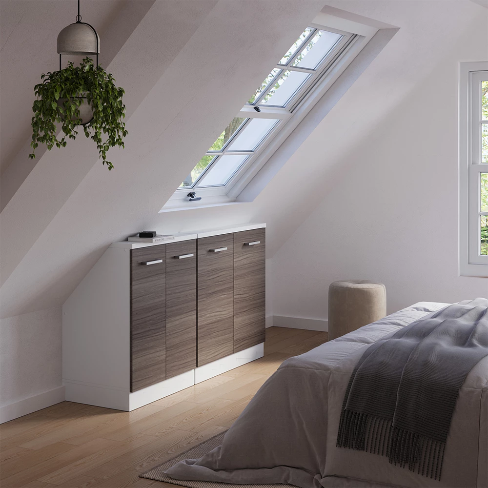 Nahaufnahme von Dachschrägenschrank-Set in Edelgrau/Weiß, zeigt Design- und Oberflächendetails