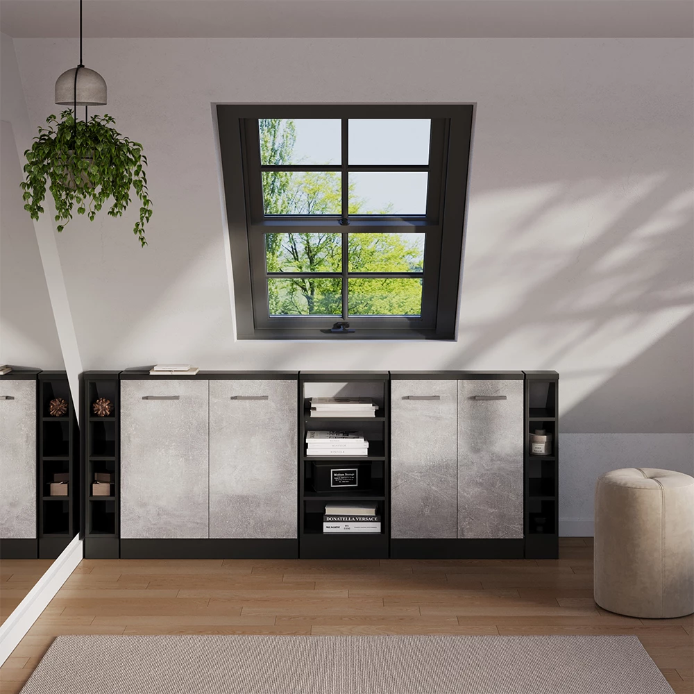 Dachschrägenschrank-Set in Beton/Anthrazit on white background