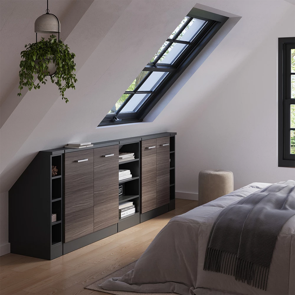 Skabssæt til skrå væg i farven Ædelgrå/antracit på hvid baggrund