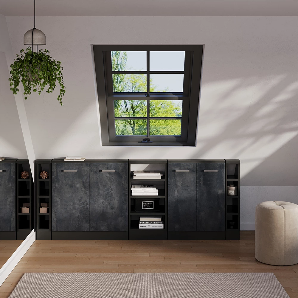 Dachschrägenschrank-Set in Schwarz Beton/Anthrazit auf weißem Hintergrund