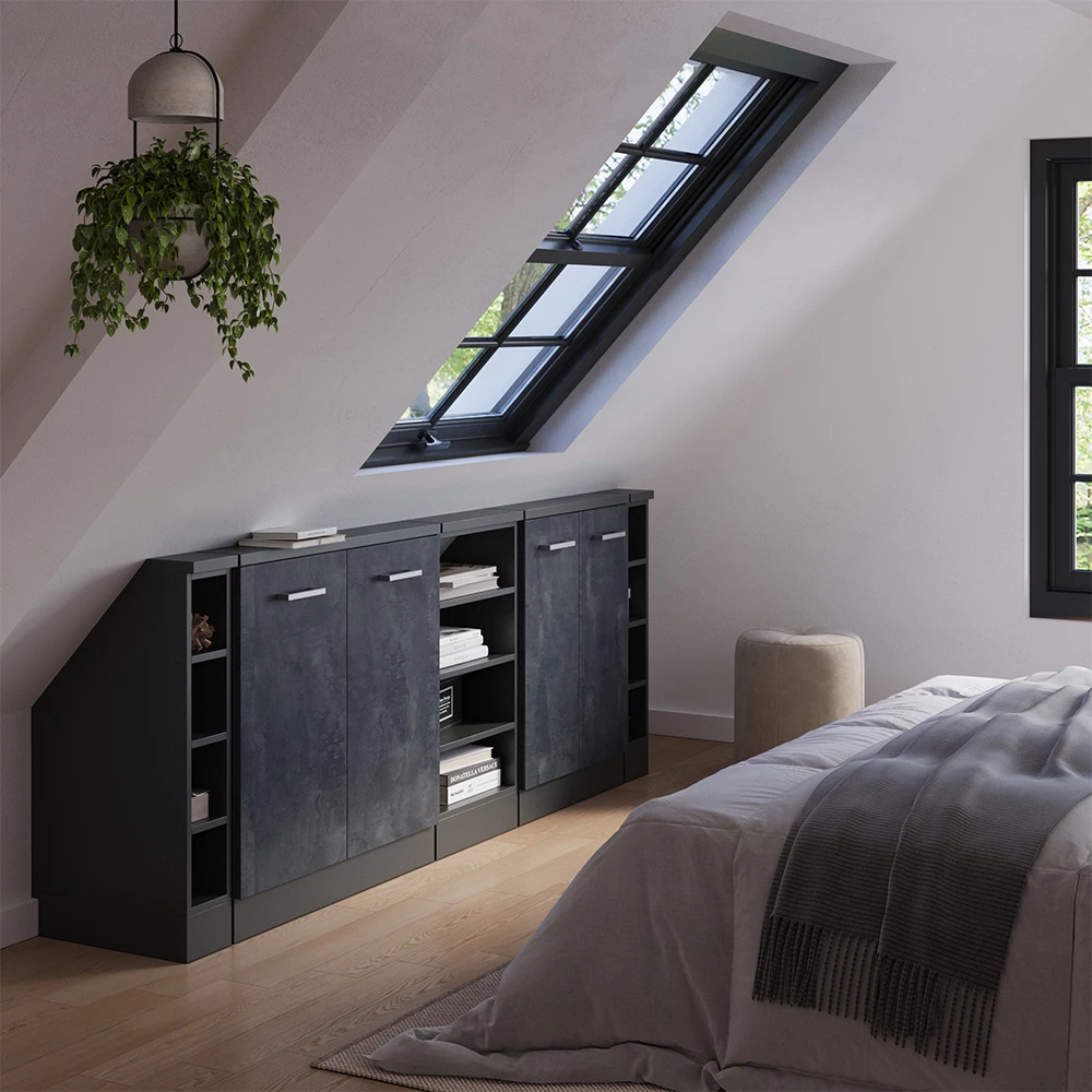 Nahaufnahme von Dachschrägenschrank-Set in Schwarz Beton/Anthrazit, zeigt Design- und Oberflächendetails