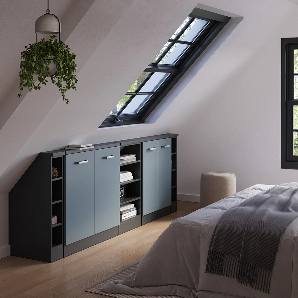 Nahaufnahme von Dachschrägenschrank-Set in Blau-Grau/Anthrazit, zeigt Design- und Oberflächendetails