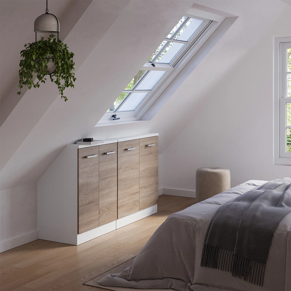 Nahaufnahme von Dachschrägenschrank-Set in Sonoma/Weiß, zeigt Design- und Oberflächendetails