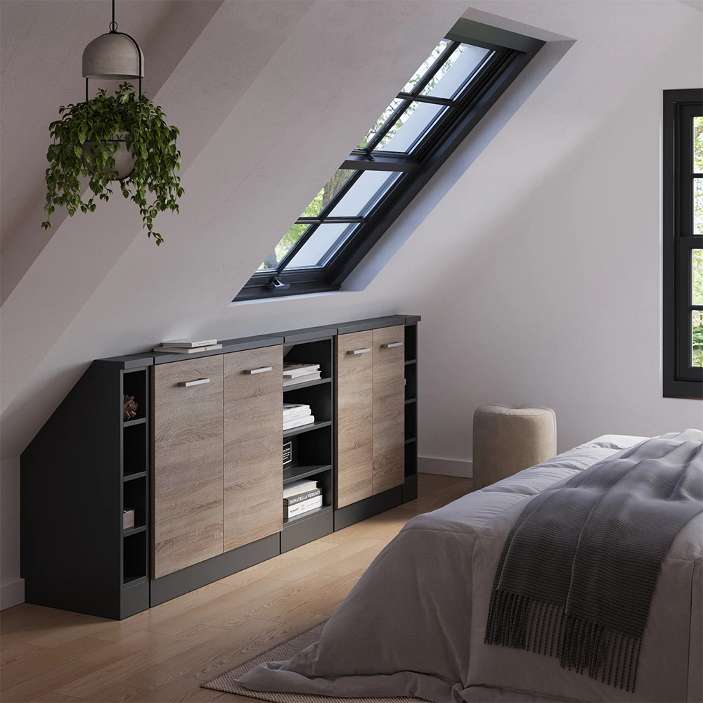 Nahaufnahme von Dachschrägenschrank-Set in Sonoma/Anthrazit, zeigt Design- und Oberflächendetails