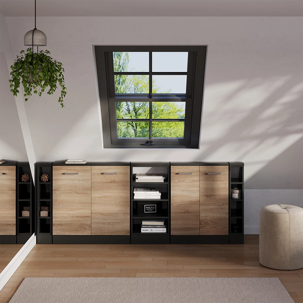Dachschrägenschrank-Set in Sonoma/Anthrazit, dargestellt im Ambiente und auf weißem Hintergrund