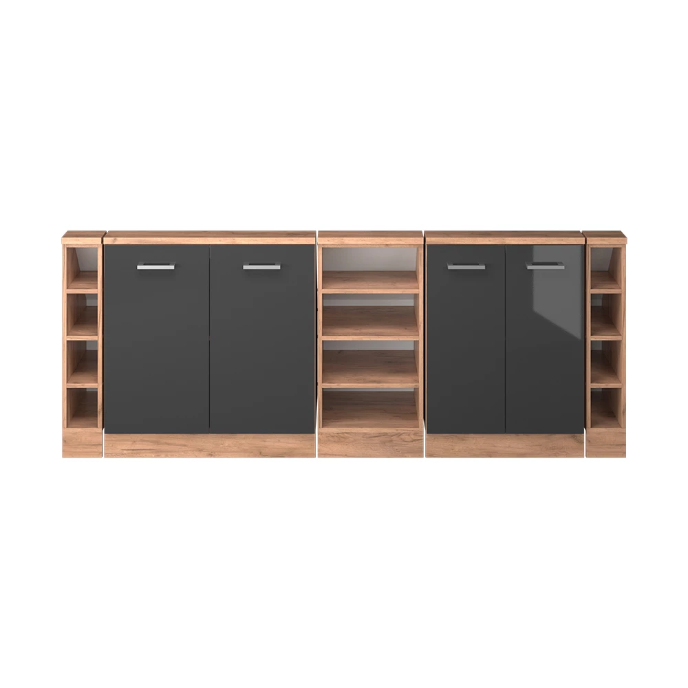 Nahaufnahme von Dachschrägenschrank-Set in Anthrazit Hochglanz/Goldkraft Eiche, zeigt Textur/Details