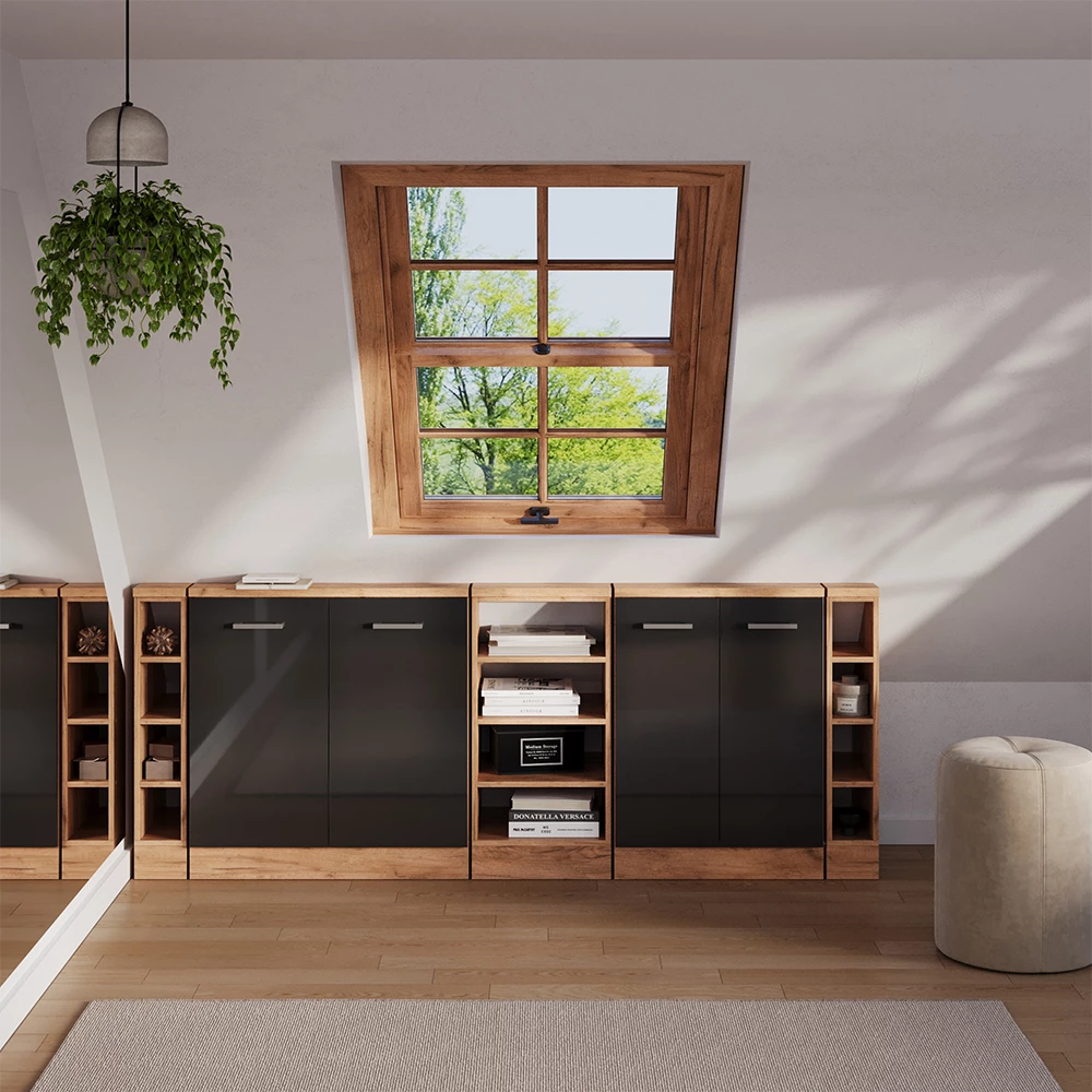 Conjunto de armarios para techo inclinado en Antracita brillo intenso/roble dorado eléctrico sobre fondo blanco