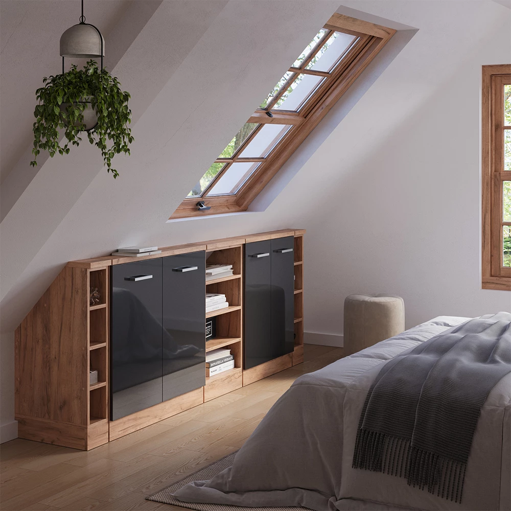 Set di mobili sottotetto in Antracite lucido/oro power oak su sfondo bianco