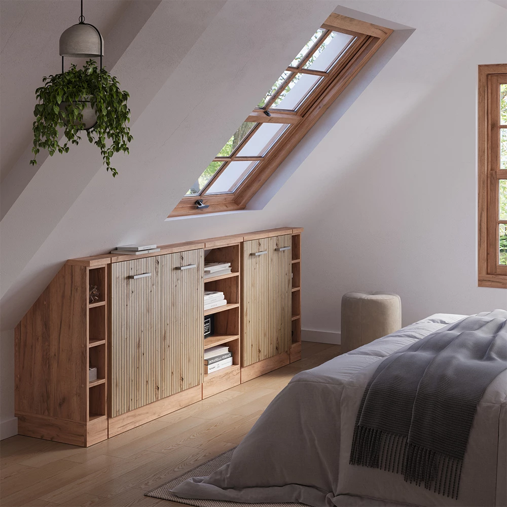 Dachschrägenschrank-Set in Artisan-Eiche/Goldkraft Eiche auf weißem Hintergrund