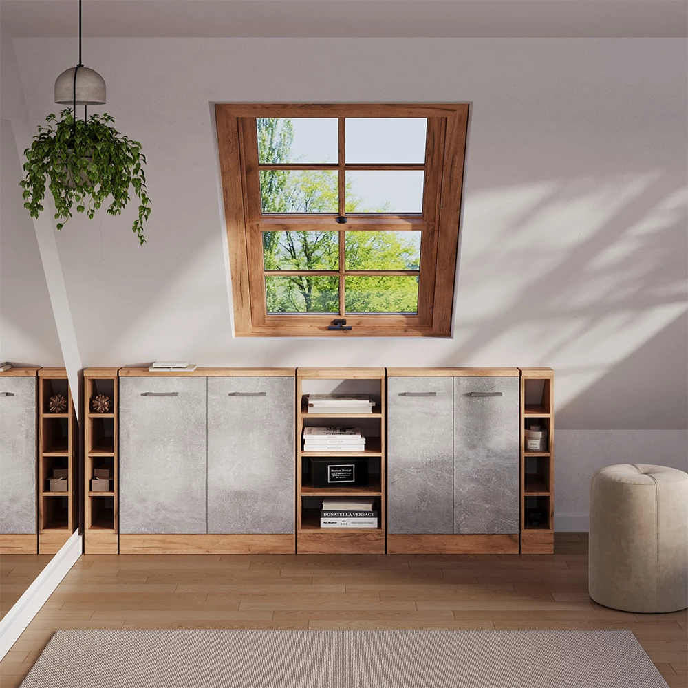 Garderobset för snedtak in Betong/golden ek on white background