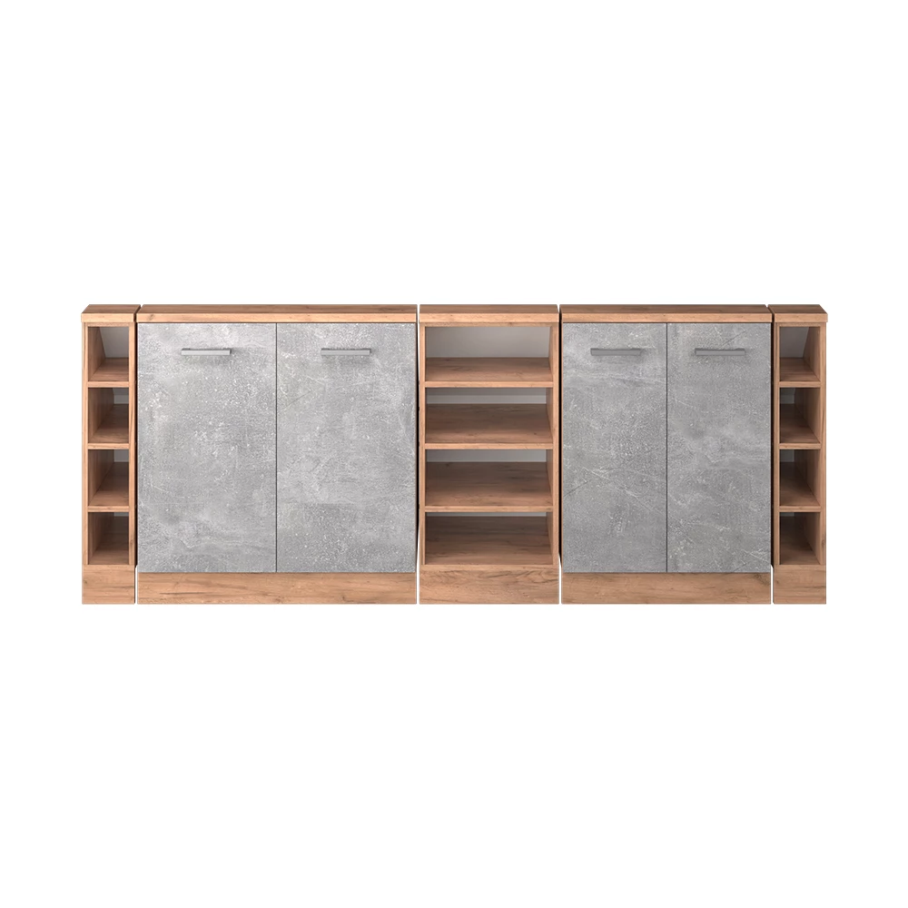 Nahaufnahme von Dachschrägenschrank-Set in Beton/Goldkraft Eiche, zeigt Textur/Details