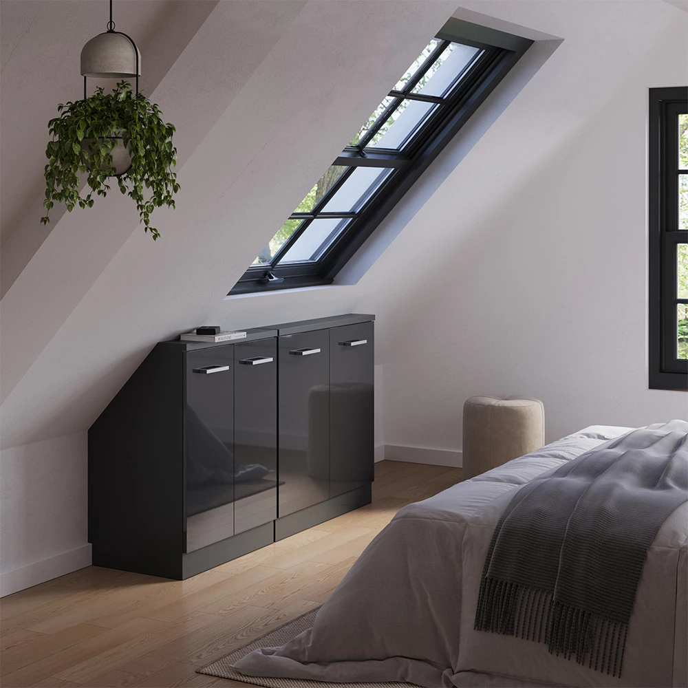 Nahaufnahme von Dachschrägenschrank-Set in Anthrazit Hochglanz/Anthrazit, zeigt Design- und Oberflächendetails