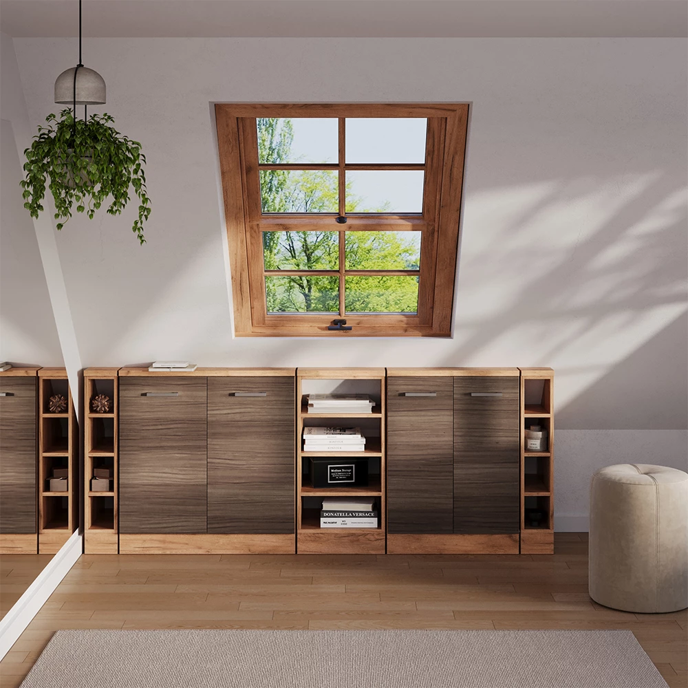 Set di mobili sottotetto in Grigio nobile/rovere dorato su sfondo bianco