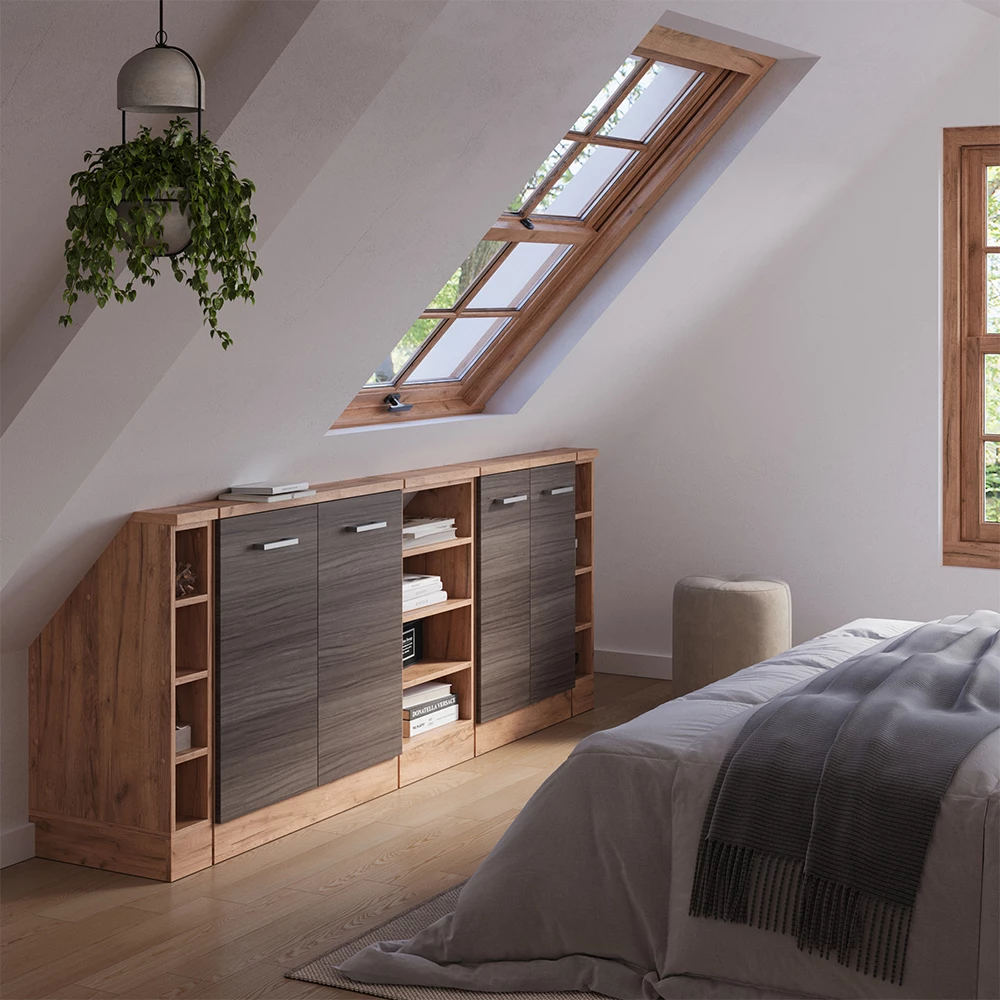 Skabssæt til skrå væg i farven Ædelgrå/gylden eg på hvid baggrund