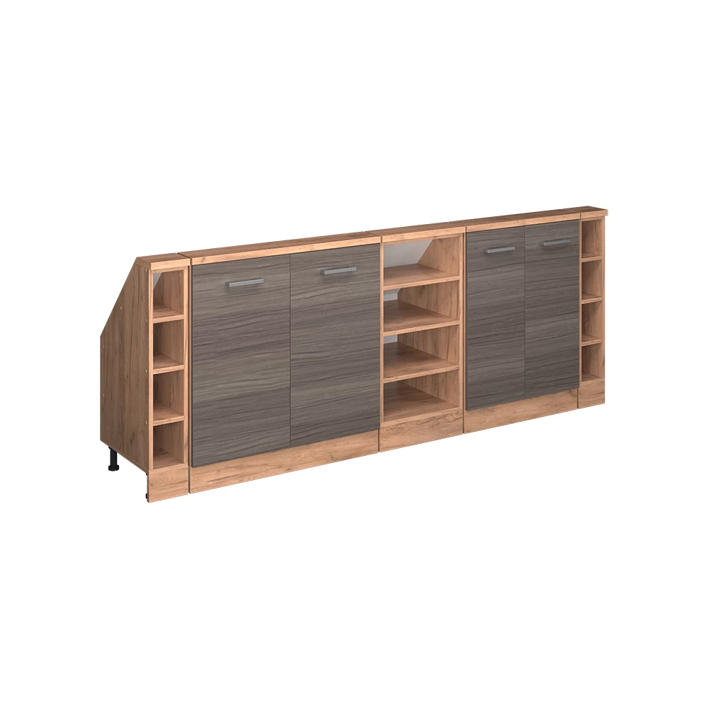 Skabssæt til skrå væg i farven Ædelgrå/gylden eg på hvid baggrund